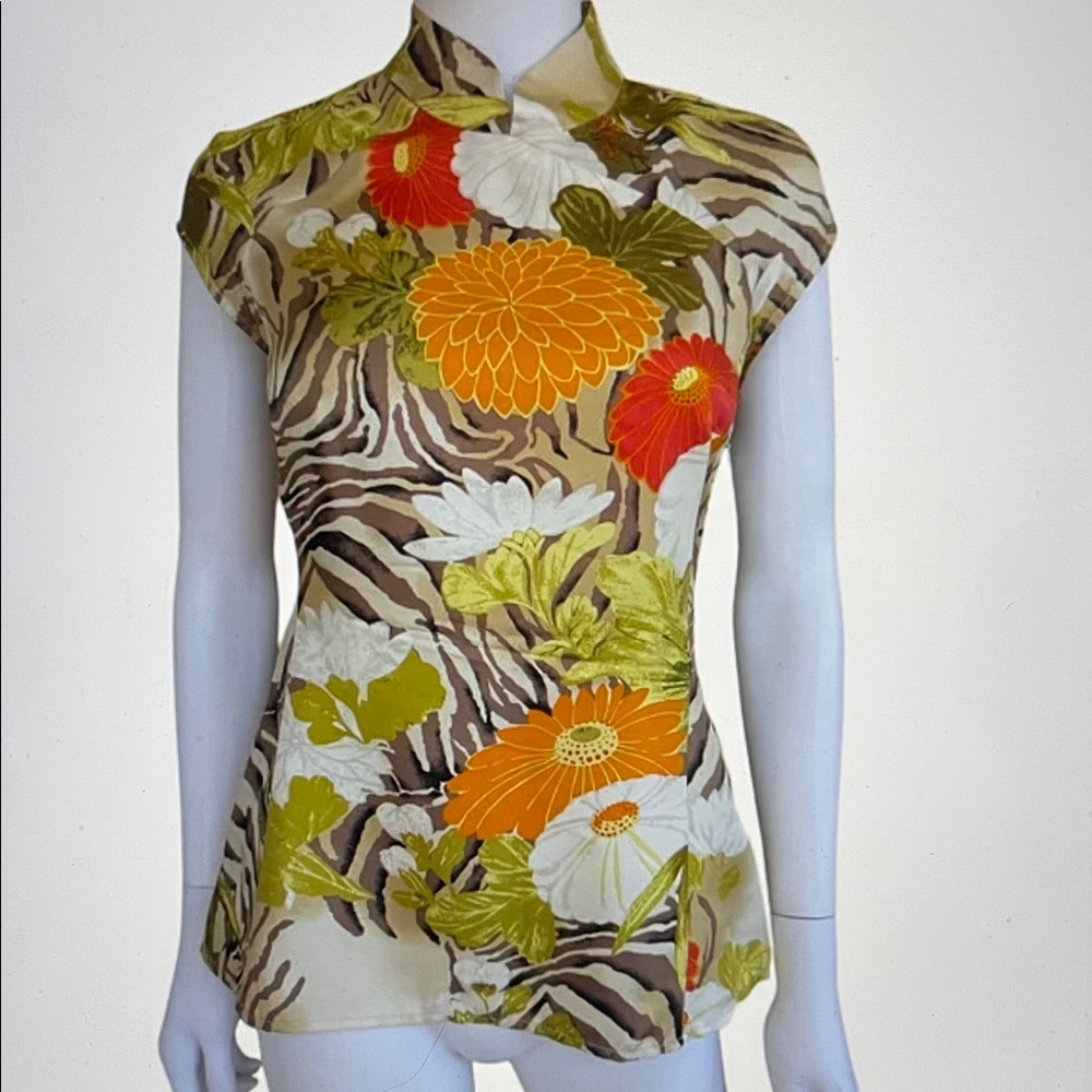 Silk Cap Sleeve Japanese Style Floral Print Top